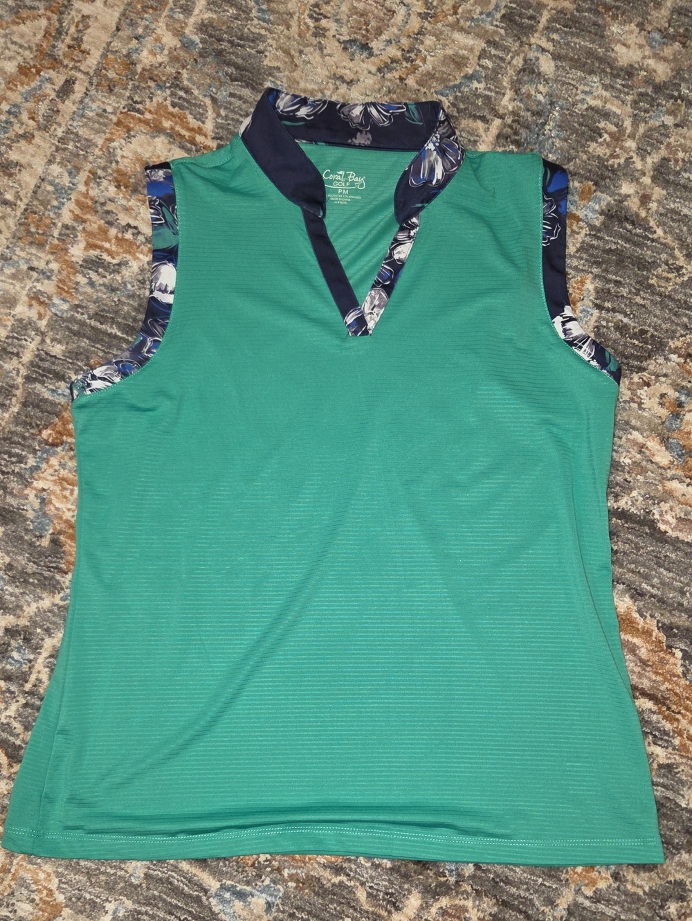 NEW Coral Bay Golf Green Sleeveless Polo Top with Navy Floral Trim